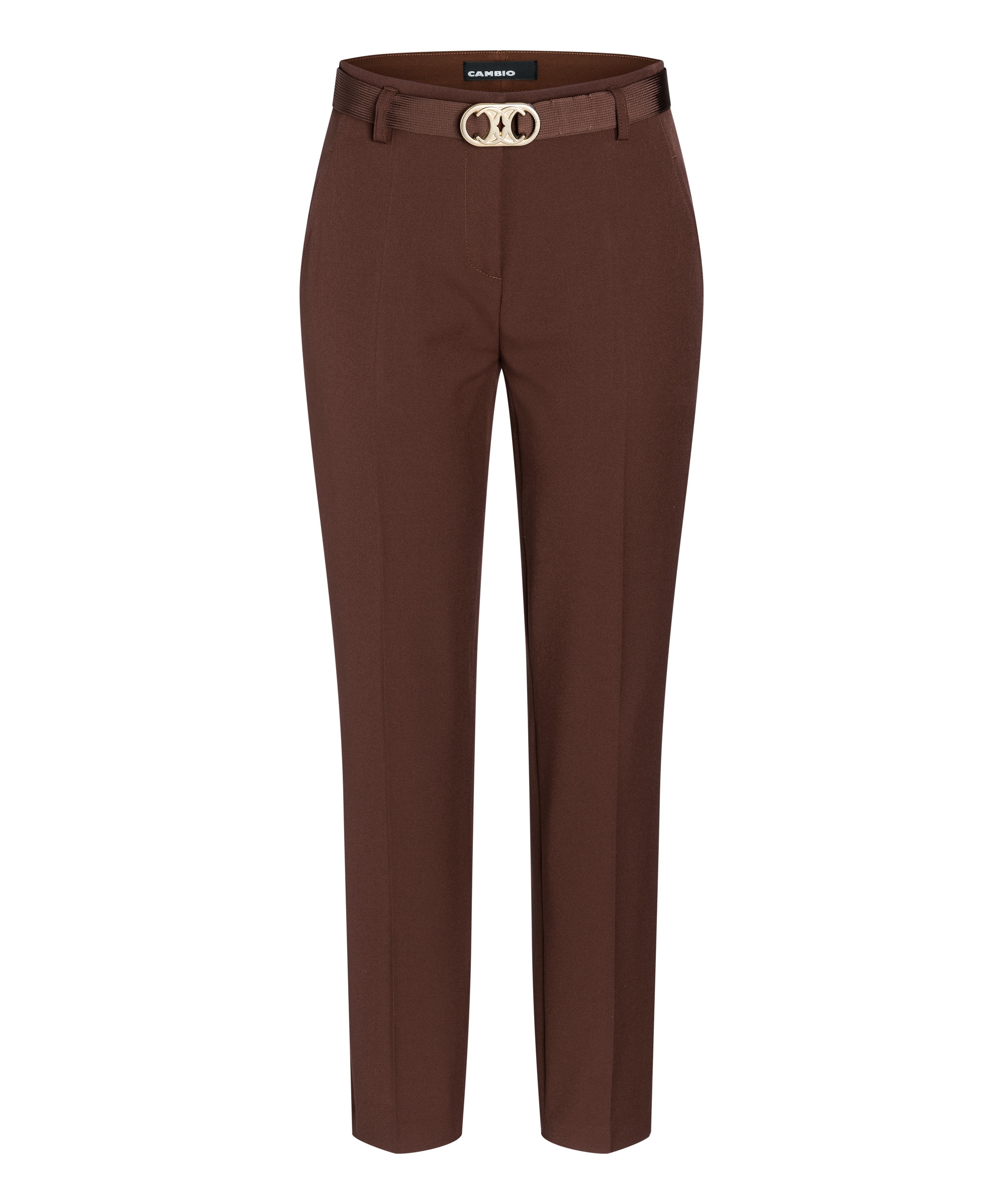 Spodnie w kant, kieszenie, w pasie na zamek i guzik, materiałowy pasek złotą klamrą, kolor rudo-brązowy Cambio Selina 0392-10-6047-781