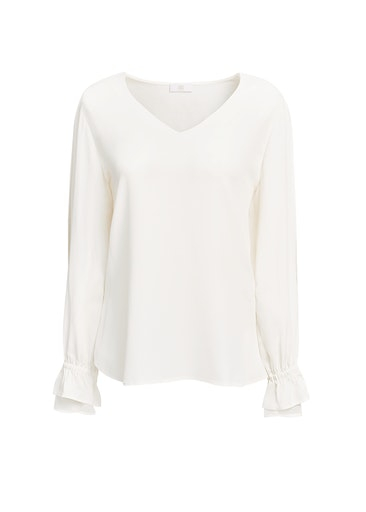 Bluzka koszulowa w serek, długi rękaw w gumkę z falbanką, kolor biały Riani 135150-2673-110